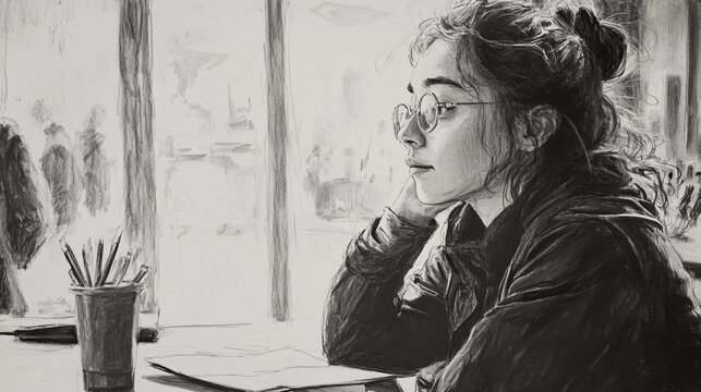 An artist sitting at a café, sketching strangers, capturing fleeting moments of connection and emotion.