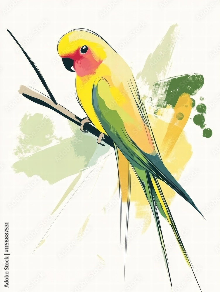 Aufkleber bright parrot illustrated with vibrant colors perched on a branch amidst abstract background element