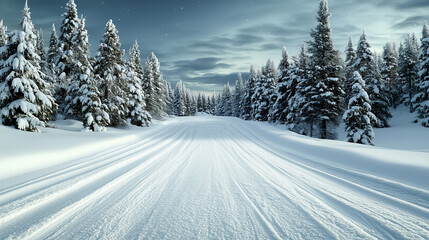 Snowy winter landscape with trees and serene road Generative Ai