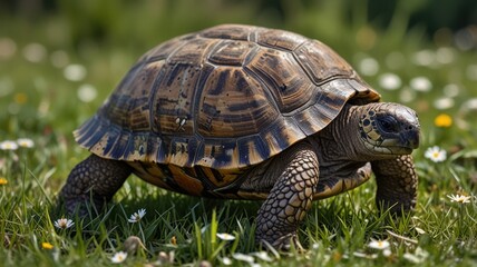 Tortoise Walking Through Green Grass And Flowers