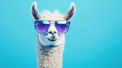 Cool Llama Wearing Sunglasses, Blue Background, Fun Animal Portrait, Quirky Animal Image, Hipster Alpaca Photo