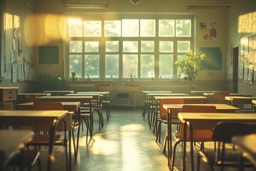 Fototapeta premium Sunlit empty classroom with desks and chairs.