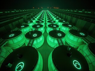 Futuristic underground energy facility with glowing tanks in a sprawling grid pattern at night