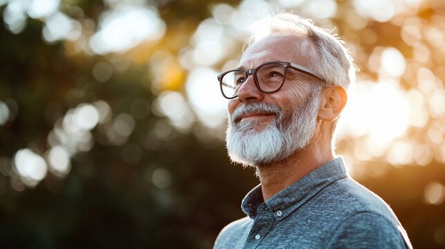 Smiling senior man wearing glasses enjoying golden sunlight in nature