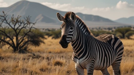 Naklejka premium Zebra Stands In African Savanna Grassland
