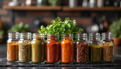 Colorful collection of masala spices in jars on kitchen shelf, culinary art