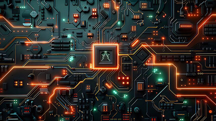 Futuristic circuit board with glowing orange and green pathways.