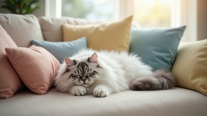 A cat napping peacefully on a plush couch, with a calm and serene expression, surrounded by soft cushions