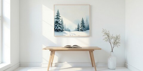 Serene Winter Landscape Artwork in a Minimalist Interior Setting with Natural Light