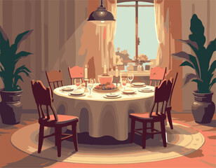 Cozy Dining Experience - A Warm Interior Setting, Artistic Drawing, Vector Illustration