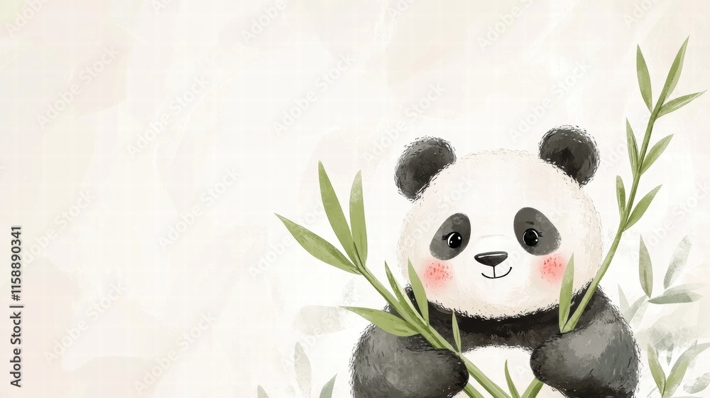 Poster panda happily holding bamboo with ample space for text and a soft, neutral background. generative ai