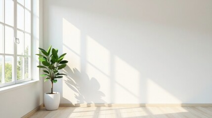 Serene Minimalist Interior Room with Sunlight Streaming Through Window and a Potted Plant