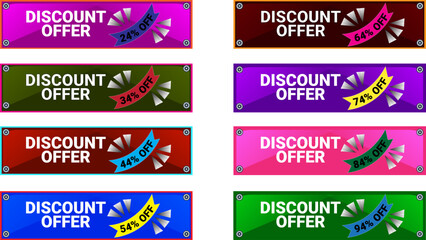Set of Eight sale rectangular banners with 24 34 44 54 64 74 84 and 94 percent off with different colors