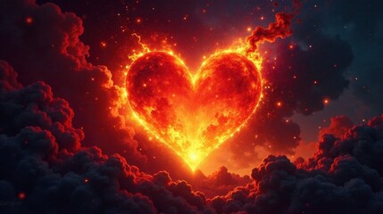 Fototapeta premium Fiery Heart Celestial Body Amidst Dark Cloudscape A Burning Love in Space