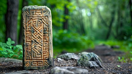 Ancient Carved Stone Monument in Lush Forest Setting