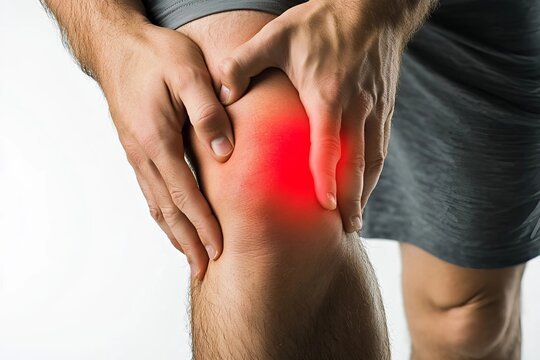 Persona se lamenta de su dolor de rodilla. Imagen muestra la rodilla como si tuviera un punto rojo. 