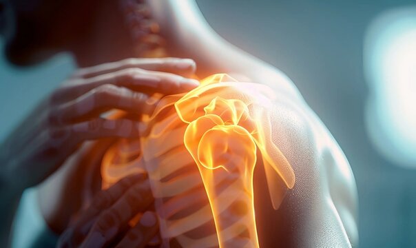 Persona se lamenta de su dolor de hombro. Imagen muestra el hombro como si fuera una radiograf&iacute;a. 
