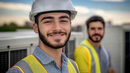 Dos ingenieros de la construcción miran a cámara en lo alto de un edificio
