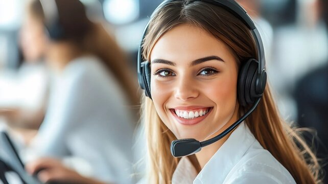 Operadora sonrie durante la realizado de su trabajo como teleoperadora, recepcionista o telefonista
