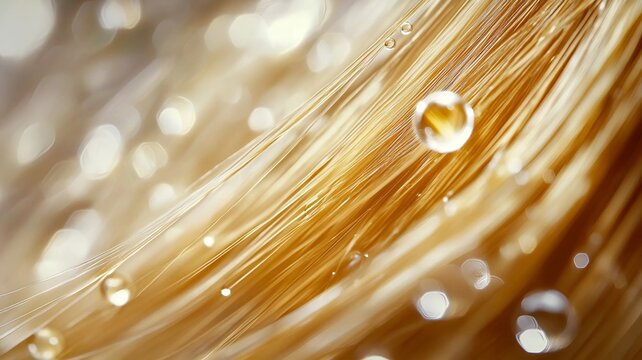 Cabello brilante y dorado en movimiento con gotas de s&eacute;rum 