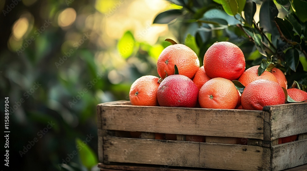 Poster freshly picked grapefruits resting in wooden crate in orchard
