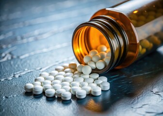 Orange bottle spills white pills; bokeh blur softens the flat lay's vibrant contrast.