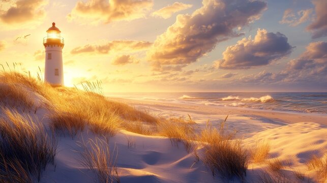 Scenic lighthouse at sunset on sandy beach, beautiful golden hour skies, coastal shoreline with waves crashing