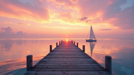 Fototapeta premium Serene Sunset Vista Wooden Dock Extending to a Sailboat at Peaceful Waters