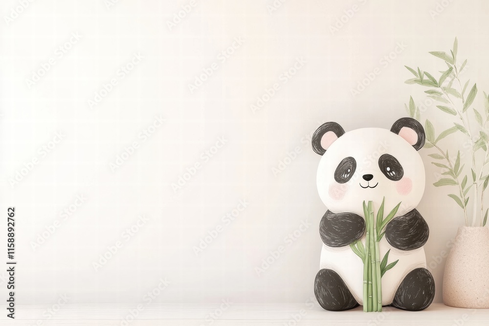 Poster Cute panda holding bamboo with ample space for text in a minimalistic setting. Generative AI