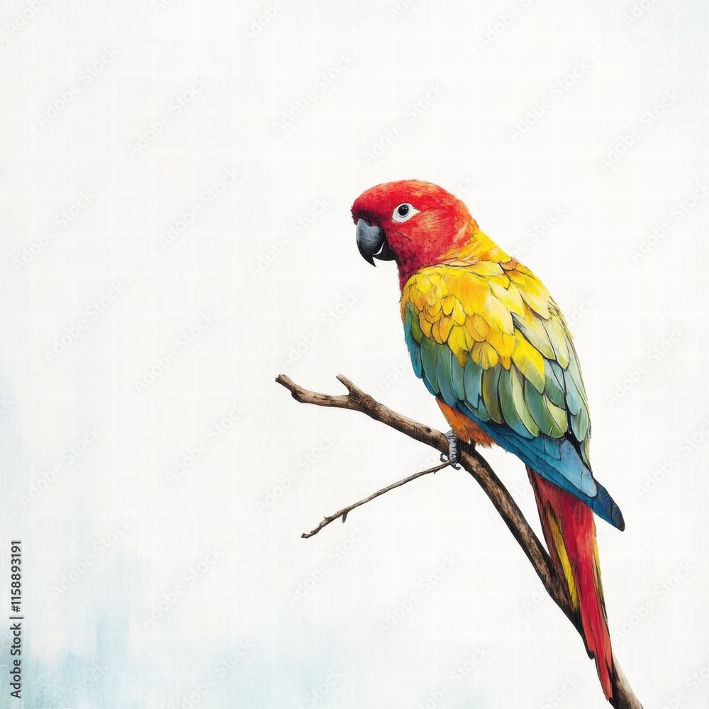 Leinwandbilder colorful parrot perched gracefully on branch against plain backdrop for design and text placement. g