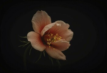 Close-up of peach flower in full bloom against dark backdrop