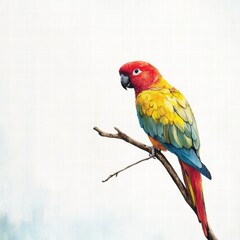 Obraz premium Colorful parrot perched gracefully on branch against plain backdrop for design and text placement. Generative AI