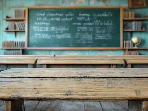 Vintage classroom desk, chalkboard background.