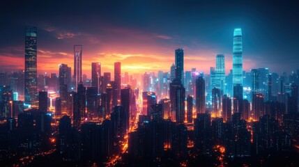 Fototapeta premium Vibrant city skyline at dawn, illuminated skyscrapers, urban landscape.