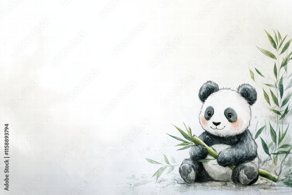 Poster Cute panda enjoying bamboo with ample copy space, perfect for text or design purposes. Generative AI