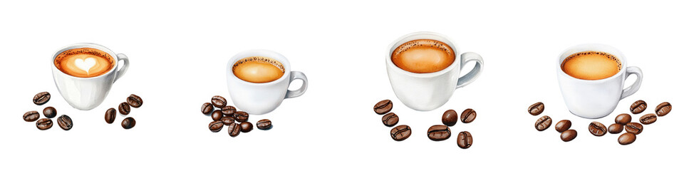 Cups of coffee with beans on a dark background.