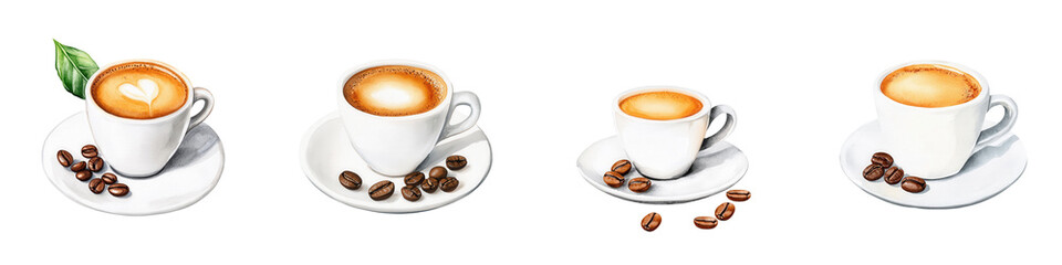 Fototapeta premium Four coffee cups in varying sizes on black background.