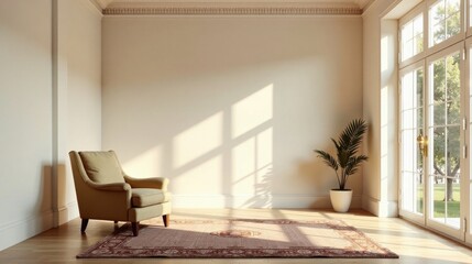 Serene Room Interior Design with Sunlight Streaming Through French Doors and a Comfortable Armchair on an Ornate Rug