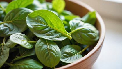 Fresh spinach leaves in ceramic bowl, vibrant kitchen ambiance