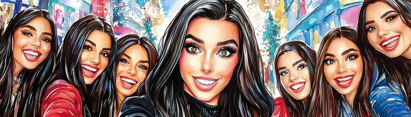 Obraz premium Colorful and Vibrant Illustration of Young Women Smiling and Posing Together in Festive Atmosphere with Bright Decorations and Holiday Lights