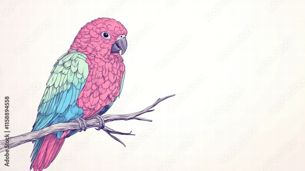 Fototapete bright parrot illustrated perched gracefully on a branch with ample space for text or design element