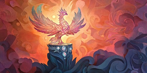 Phoenix rises from fiery clouds amidst swirling colors of rebirth