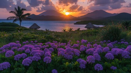 Obraz premium Vibrant sunset over tropical bay with purple flowers and palm trees.