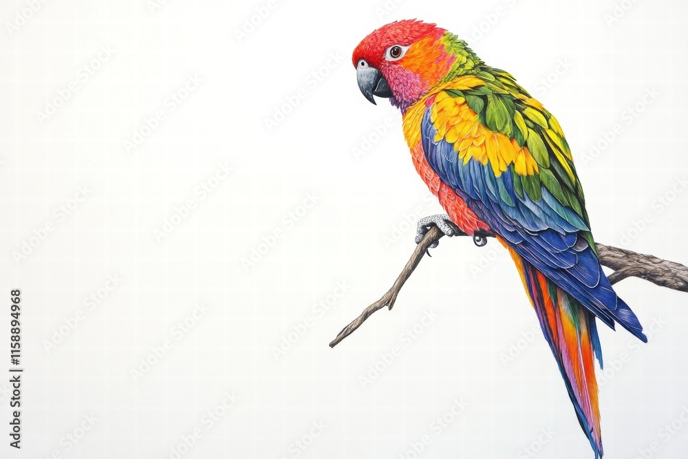 Fototapete bright parrot perched on a branch with vibrant colors in a tranquil setting and space for additional