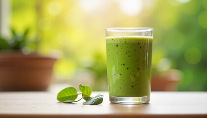 Fresh spinach smoothie in glass on sunlit patio table, health boost