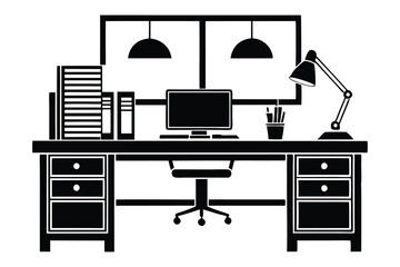 western office desk furniture silhouette vector illustration