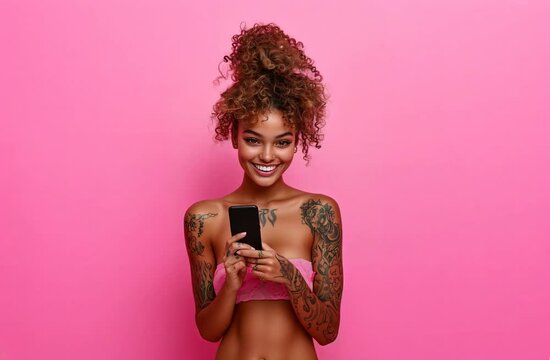 Happy and smiling beautiful sexy girl holding black phone in her hands. Pink strapless top. Looking at camera. Isolated on pink background.
