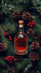 Festive Liquor Bottle Surrounded by Holiday Greenery