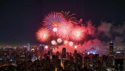 Obraz premium Vibrant fireworks illuminate city skyline at night, celebration of joy