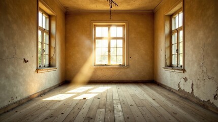 Fototapeta premium Sunlit Room in a Derelict Building with Aged Wooden Floors and Cracked Walls